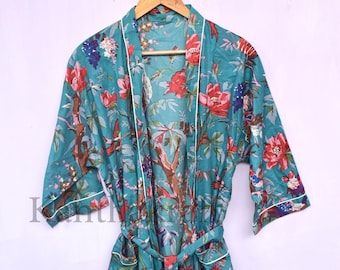 Green 100% Cotton Indian Beach Kimono Robe ,Kimono Robe,Cotton Robe,Shower Robe, Maternity Robe Bath robe Dressing Gown Beachwear long/short
