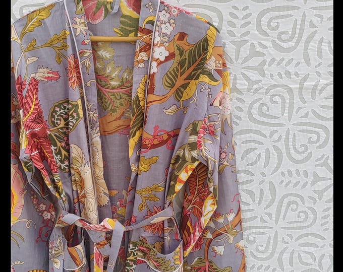 Cotton Kimono Robe Dressing Gown, Block Print Bridesmaid Robe, Summer Nightwear, One plus Size women robes dress boho bathrobe lightweight