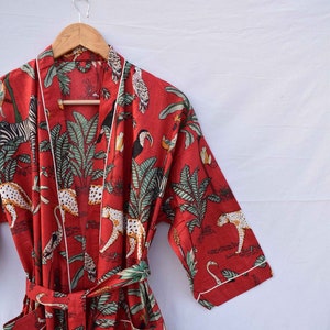 Rot Baumwolle Kimono Freitag Kahlo Robe Morgenmantel, Hochzeit Block Brautjungfer Robe, Sommer Nachtwäsche Bademantel Beachwear Frauen Männer Geschenke Tiger