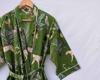 Grüner Baumwoll Kimono Morgenmantel, Hochzeitsmantel Blockprint Brautjungfernmantel, Sommernachtwäsche Bademantel Strandmode Damen Herren Geschenke Tiger