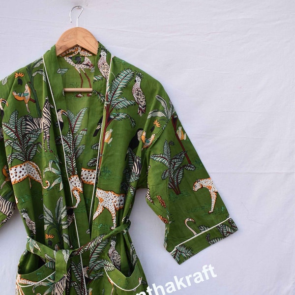 Green Cotton Kimono Robe Dressing Gown, wedding robe Block Print Bridesmaid Robe, Summer Nightwear bathrobe beachwear women men gifts tiger