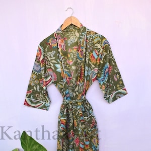 Blue Kimono Robe Ladies Dressing Gown - Hand Printed 100% Light Breathable Cotton Yukata Bathrobe for Women - Women's Boho Lightweight Robe