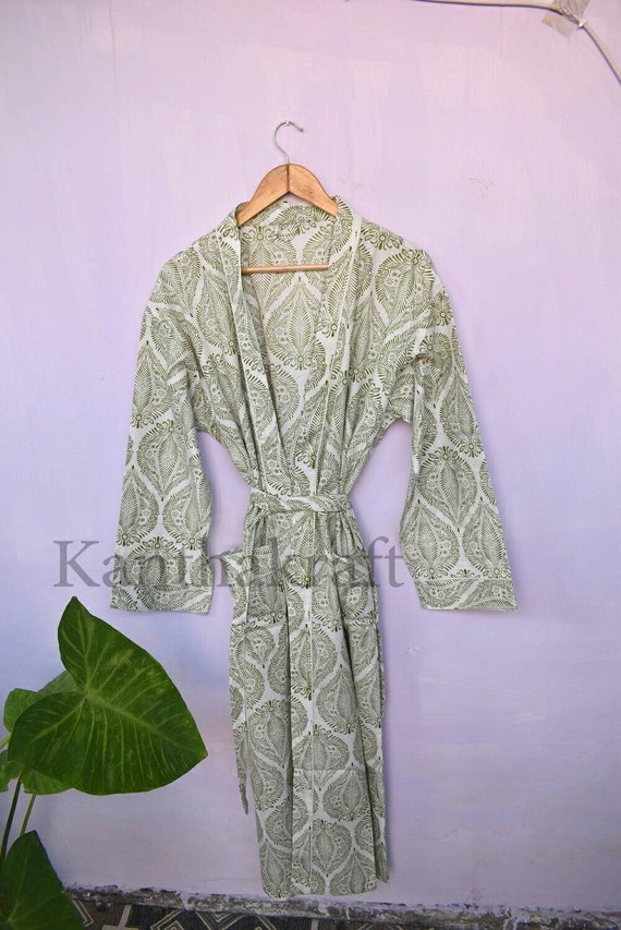 Green Cotton Frida floral Sleepwear robes Nightdress Kimono Bathkimono Indian Long short kimono Hippie Womens maxi Dress Bath Robe NightGown