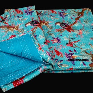 Turquoise Crazy 2 Layer Unique Queen/king Size Handmade Bed-cover,Bedspread,Blanket,Coverlet,Linen Bed sheet,100% Cotton,Indian Kantha Quilt