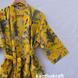 Robe de chambre kimono en coton vert, robe de mariée robe de demoiselle d'honneur à imprimé bloc, vêtements de nuit d'été peignoir vêtements de plage femmes hommes cadeaux tigre Jaune