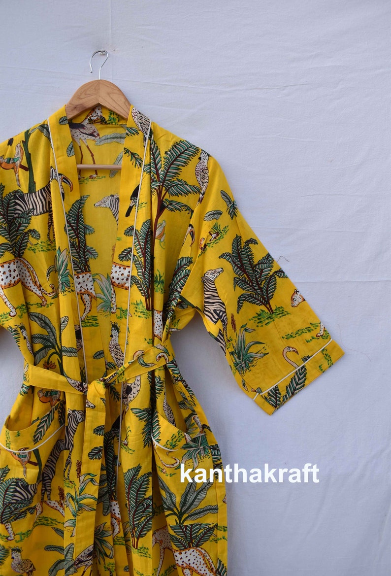 Robe de chambre kimono en coton vert, robe de mariée robe de demoiselle d'honneur à imprimé bloc, vêtements de nuit d'été peignoir vêtements de plage femmes hommes cadeaux tigre Jaune