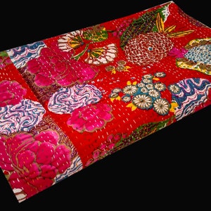 Red Flower Superior Indian Kantha Quilt,Patchwork,Bed spread,Coverlet,Floral Throw,Handmade Cotton Bed-Cover,Twin/ Queen/King sizes Quilts