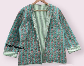 Cappotti da donna trapuntati vintage patchwork floreali fatti a mano indiani, nuovo stile, Boho, giacca in cotone corta con bordino a righe nere a foglia bianca