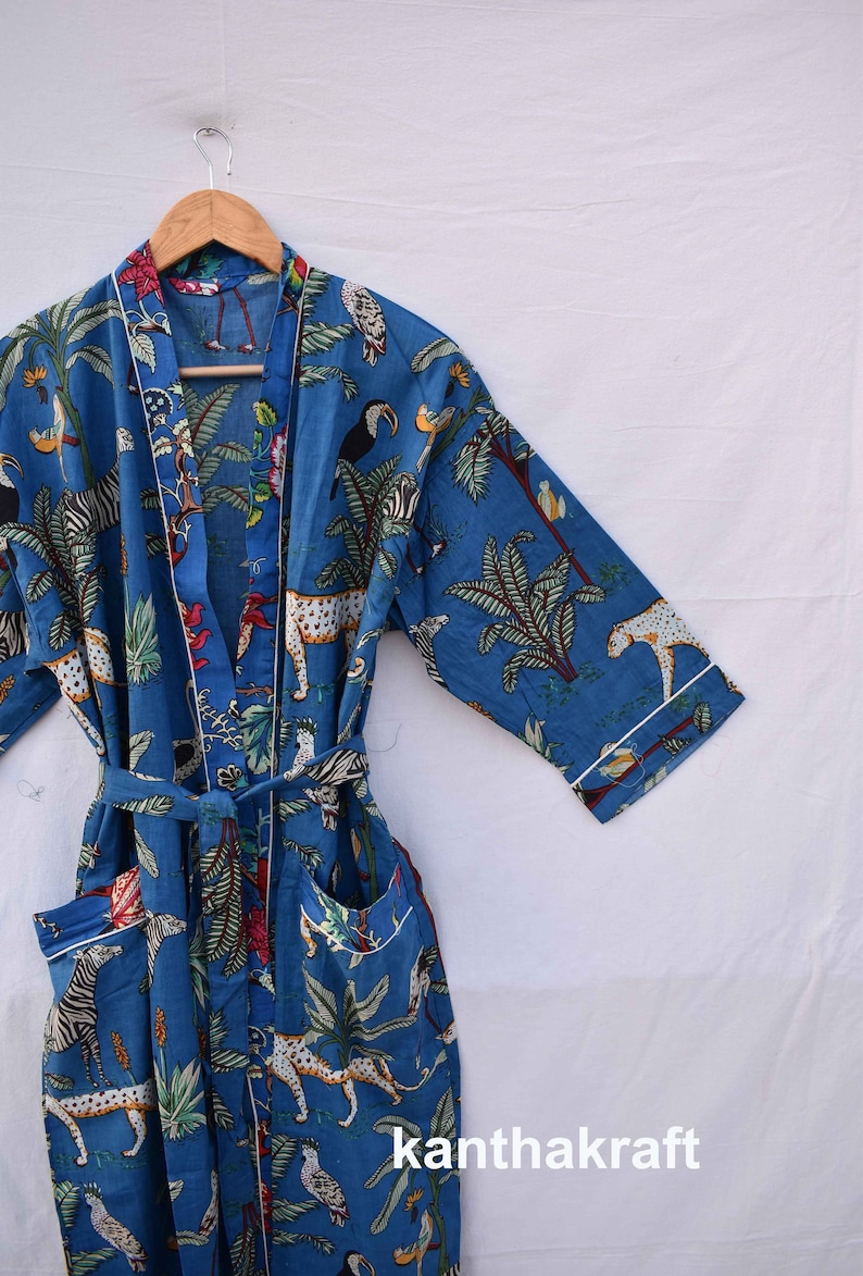 Robe de chambre kimono en coton vert, robe de mariée robe de demoiselle d'honneur à imprimé bloc, vêtements de nuit d'été peignoir vêtements de plage femmes hommes cadeaux tigre Bleu