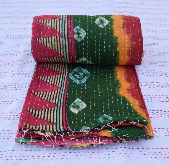 Handmade Vintage Kantha Quilt Throw – Indian Ralli Bedspread, Multicolored Boho Decor