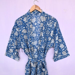 Cotton Kimono Robe Dressing Gown, Block Print Bridesmaid Robe, Summer Nightwear, One Size Blue