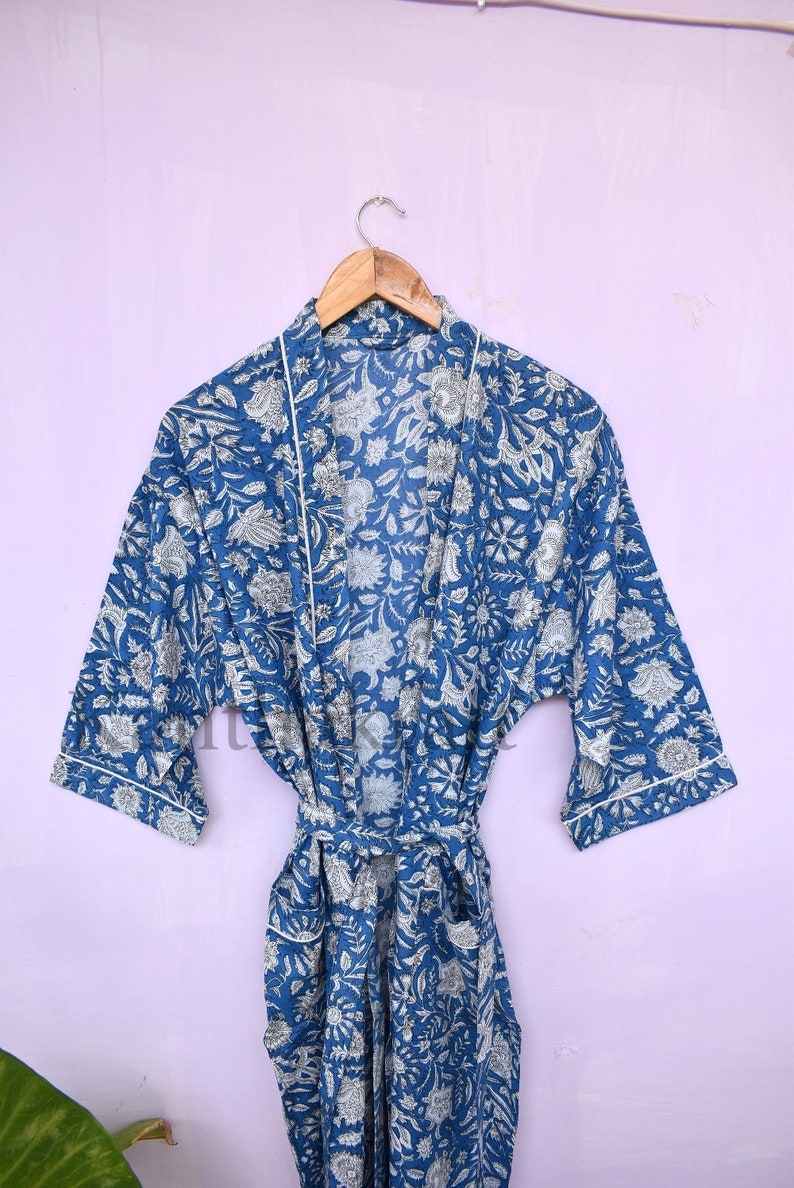 Cotton Kimono Robe Dressing Gown, Block Print Bridesmaid Robe, Summer Nightwear, One Size Blue