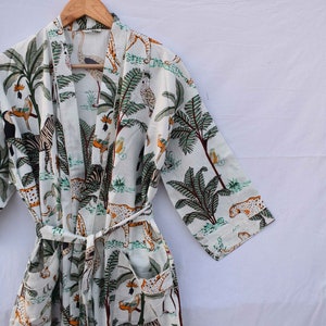 Robe de chambre kimono en coton vert, robe de mariée robe de demoiselle d'honneur à imprimé bloc, vêtements de nuit d'été peignoir vêtements de plage femmes hommes cadeaux tigre Blanc