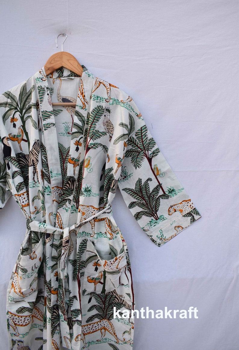 Robe de chambre kimono en coton vert, robe de mariée robe de demoiselle d'honneur à imprimé bloc, vêtements de nuit d'été peignoir vêtements de plage femmes hommes cadeaux tigre Blanc