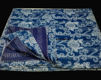Indigo Queen/King Kantha Quilt Indigo Kantha Quilt Throw Handmade bedspread Indian Vintage Bohemian blanket Coverlet Bedspread Bedcover