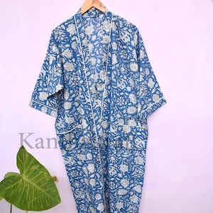 Cotton Kimono Robe Dressing Gown, Block Print Bridesmaid Robe, Summer Nightwear, One Size image 3