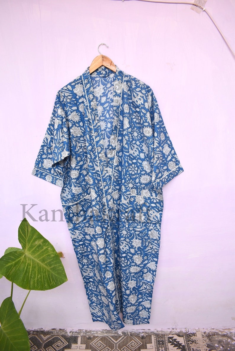 Cotton Kimono Robe Dressing Gown, Block Print Bridesmaid Robe, Summer Nightwear, One Size image 3