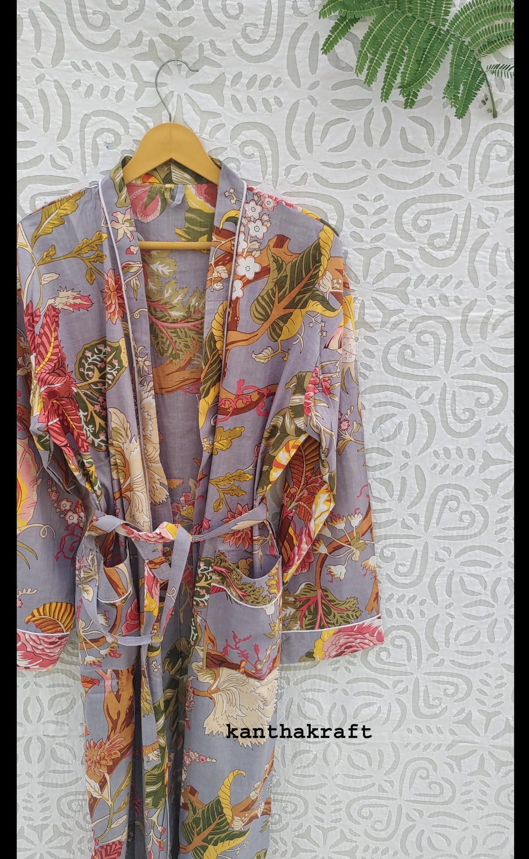 Drawn Block Robe Cotton Kimono Robe Dressing Gown, Block Print Bridesmaid Robe, Summer ...