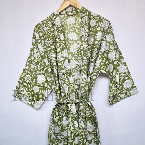 Cotton Kimono Robe Dressing Gown, Block Print Bridesmaid Robe, Summer Nightwear, One Size