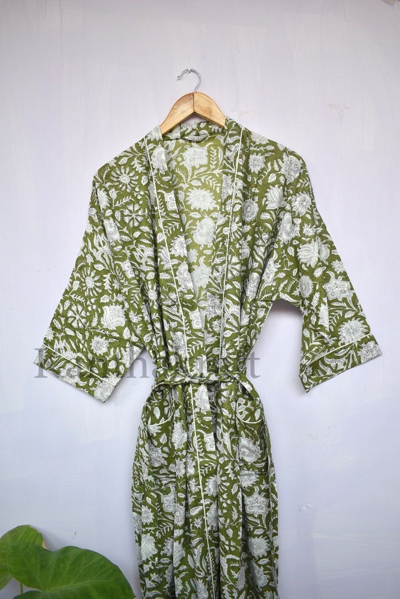 Cotton Kimono Robe Dressing Gown, Block Print Bridesmaid Robe, Summer Nightwear, One Size 