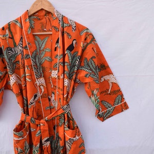 Robe de chambre kimono en coton vert, robe de mariée robe de demoiselle d'honneur à imprimé bloc, vêtements de nuit d'été peignoir vêtements de plage femmes hommes cadeaux tigre Orange