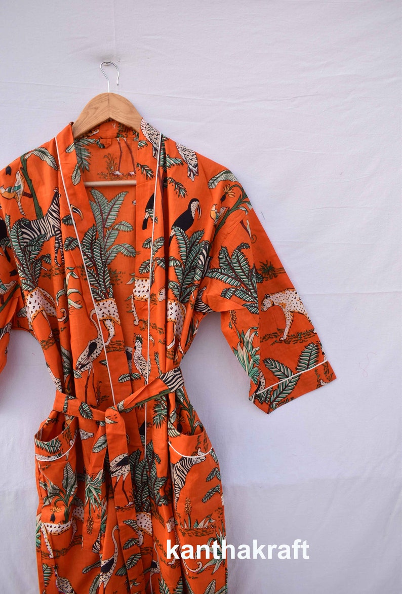 Robe de chambre kimono en coton vert, robe de mariée robe de demoiselle d'honneur à imprimé bloc, vêtements de nuit d'été peignoir vêtements de plage femmes hommes cadeaux tigre Orange