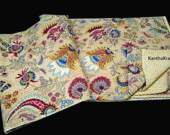 Handmade Kantha Quilt, Queen Size Kantha Bedspread,Indian Kantha Throw,Cotton Kantha Quilts, 100% cotton reversible throw King Size Bedcover