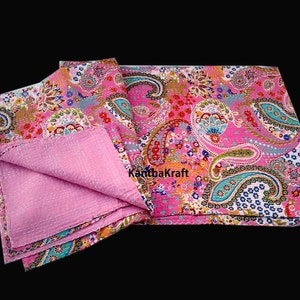 Pink Flower Superior Indian Kantha Quilt,Patchwork,Bed spread,Coverlet,Floral Throw,Handmade Cotton Bed-Cover,Twin/ Queen/King sizes Quilts