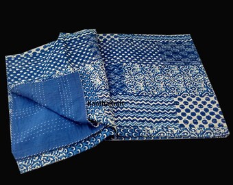 Indigo Blue PatchPrint Queen/King Kantha Quilt Throw bedspread Indian Vintage Bohemian blanket Coverlet Bedspread Bedcover Blue Patchwork