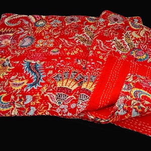 Red Floral Design Handmade Kantha Quilt Indian Cotton Kantha Blanket Hand Stitched Kantha Bedspread Bohemian Kantha Bedding Throw Textile