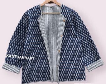 Blue flower Quilted Cotton bomber Jacket Women Wear Stripe piping HandMade Vintage Quilted Jacket , Coats , New Style, Boho double side wear