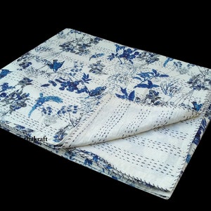 Blauer Vogel Blume Superior indische Kantha Quilt, Königin, Bett aufgeschüttet, Coverlet, Floral werfen, handgemachte Baumwolle Bett-Cover, Twin / Königin/König Größen Quilts