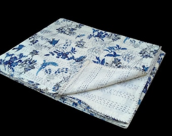 Blue Bird Flower Superior Indian Kantha Quilt,Queen,Bed spread,Coverlet,Floral Throw,Handmade Cotton Bed-Cover,Twin/ Queen/King sizes Quilts