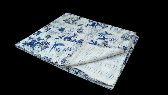 Crazy 2 Layer Unique Blue Queenking Size Handmade Bed-cover,Bedspread,Blanket,Coverlet,Linen Bed sheet,100/% Cotton,Indian Kantha Quilts