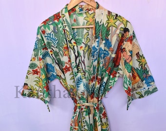 Green Cotton Frida floral Sleepwear robes Nightdress Kimono Bathkimono Indian Long short kimono Hippie Womens maxi Dress Bath Robe NightGown