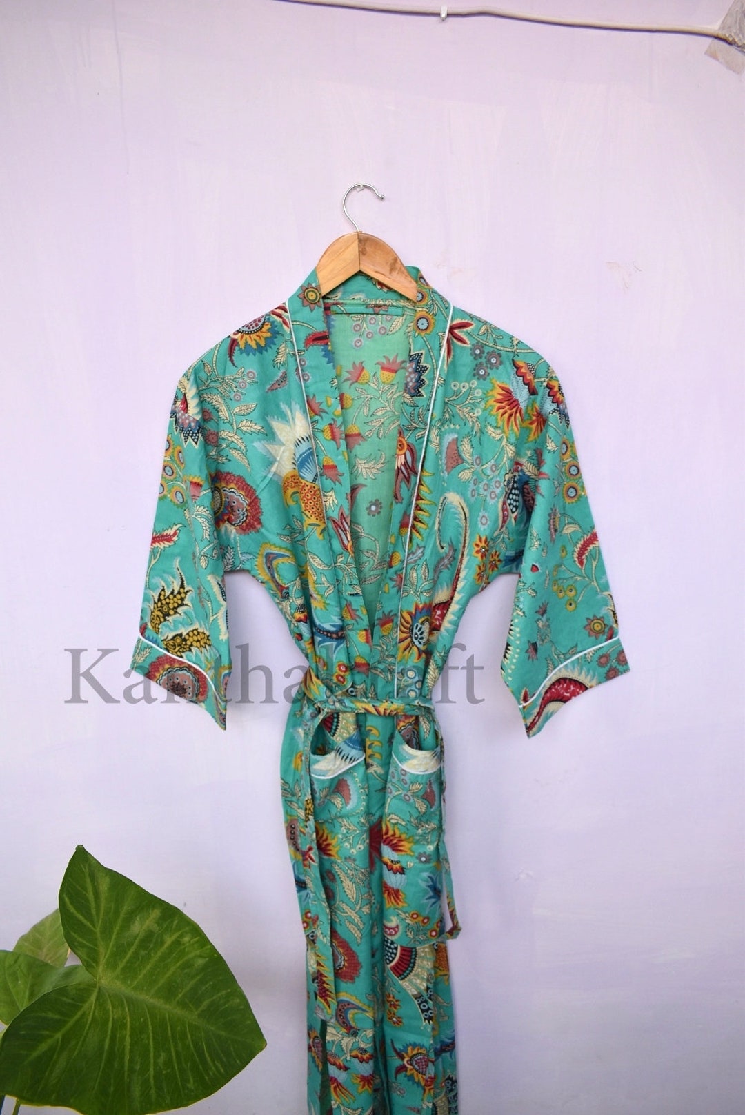 Blue Kimono Robe Ladies Dressing Gown Hand Printed 100 Light