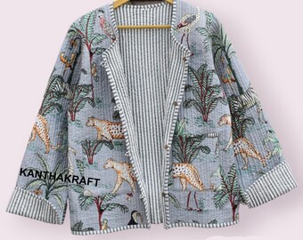 Animal tiger print Quilted Jackets Cotton Floral Bohemian Style Fall Winter Jacket Coat Streetwear Boho Quilted Reversible Jacket for Women