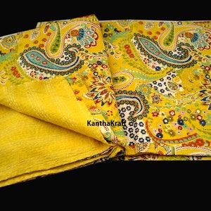 Yellow Floral Design Handmade Kantha Quilt Indian Cotton Kantha Blanket Hand Stitched Kantha Bedspread Bohemian Kantha Bedding Throw Textile