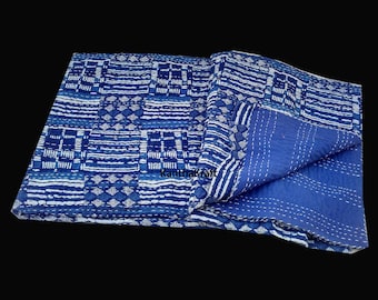 Indigo Blue  PatchPrint Queen/King Kantha Quilt Throw bedspread Indian Vintage Bohemian blanket Coverlet Bedspread Bedcover Blue Patchwork