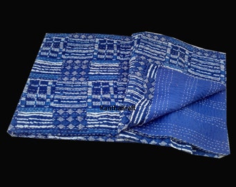 Indigo Blue PatchPrint Queen/King Kantha Quilt Throw bedspread Indian Vintage Bohemian blanket Coverlet Bedspread Bedcover Blue Patchwork