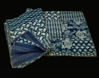 Indigo Patchwork Queen/King Kantha Quilt Throw Handmade bedspread Indian Vintage Bohemian blanket Coverlet Bedspread Bedcover Blue Patchwork