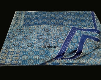 Indigo Handblock Queen/King Kantha Quilt Throw Handmade bedspread Indian Vintage Bohemian blanket Coverlet Bedspread Bedcover Blue Patchwork