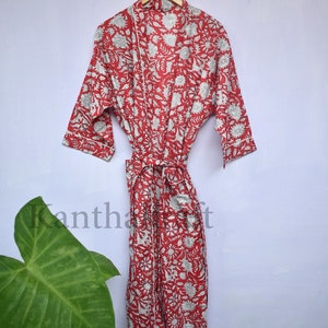 Cotton Kimono Robe Dressing Gown, Block Print Bridesmaid Robe, Summer Nightwear, One Size Red