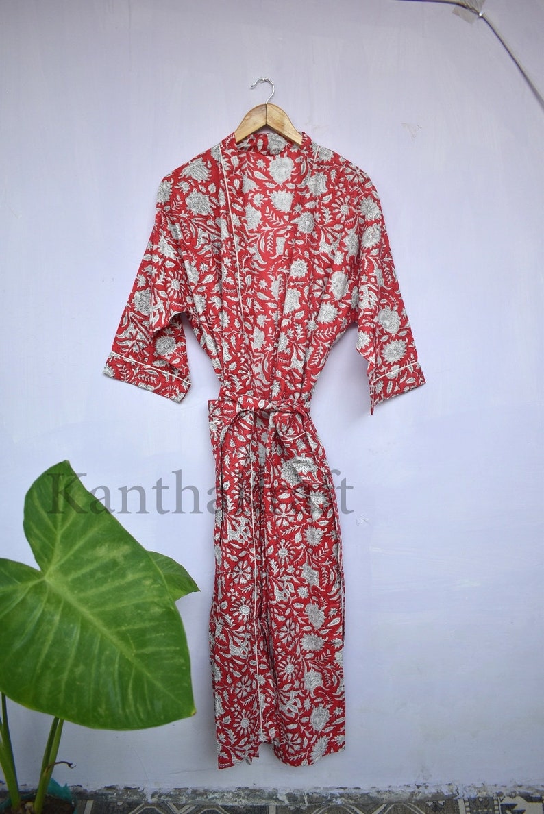 Cotton Kimono Robe Dressing Gown, Block Print Bridesmaid Robe, Summer Nightwear, One Size Red