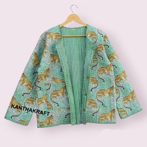 Cotton Quilted Jacket Women Wear Front Open Kimono Stripe piping HandMade Vintage Quilted Jacket , Coats , New Style, Boho double side wear