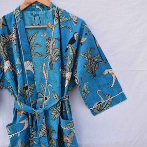 Robe de chambre kimono en coton vert, robe de mariée robe de demoiselle d'honneur à imprimé bloc, vêtements de nuit d'été peignoir vêtements de plage femmes hommes cadeaux tigre Aqua