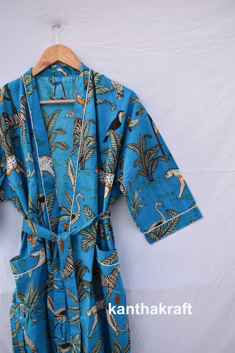 Robe de chambre kimono en coton vert, robe de mariée robe de demoiselle d'honneur à imprimé bloc, vêtements de nuit d'été peignoir vêtements de plage femmes hommes cadeaux tigre Aqua