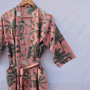 Robe de chambre kimono en coton vert, robe de mariée robe de demoiselle d'honneur à imprimé bloc, vêtements de nuit d'été peignoir vêtements de plage femmes hommes cadeaux tigre Peach