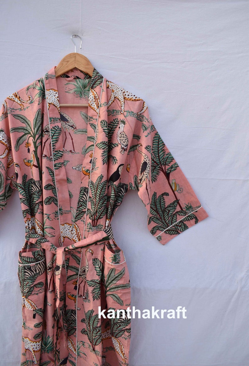 Robe de chambre kimono en coton vert, robe de mariée robe de demoiselle d'honneur à imprimé bloc, vêtements de nuit d'été peignoir vêtements de plage femmes hommes cadeaux tigre Peach
