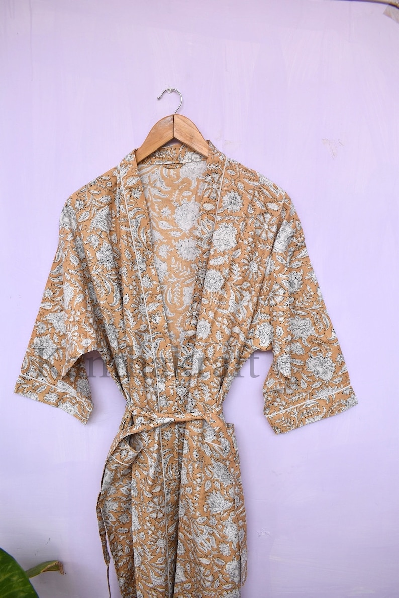 Cotton Kimono Robe Dressing Gown, Block Print Bridesmaid Robe, Summer Nightwear, One Size Beige